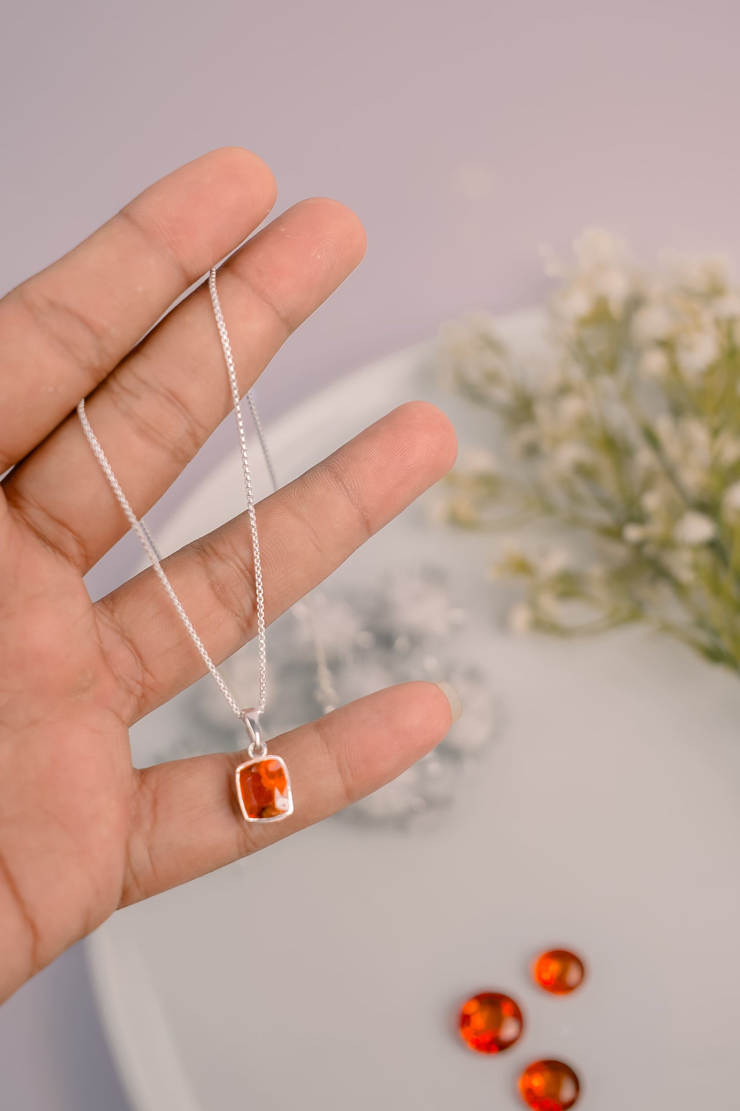 Natural Garnet Pendant and Silver Necklace
