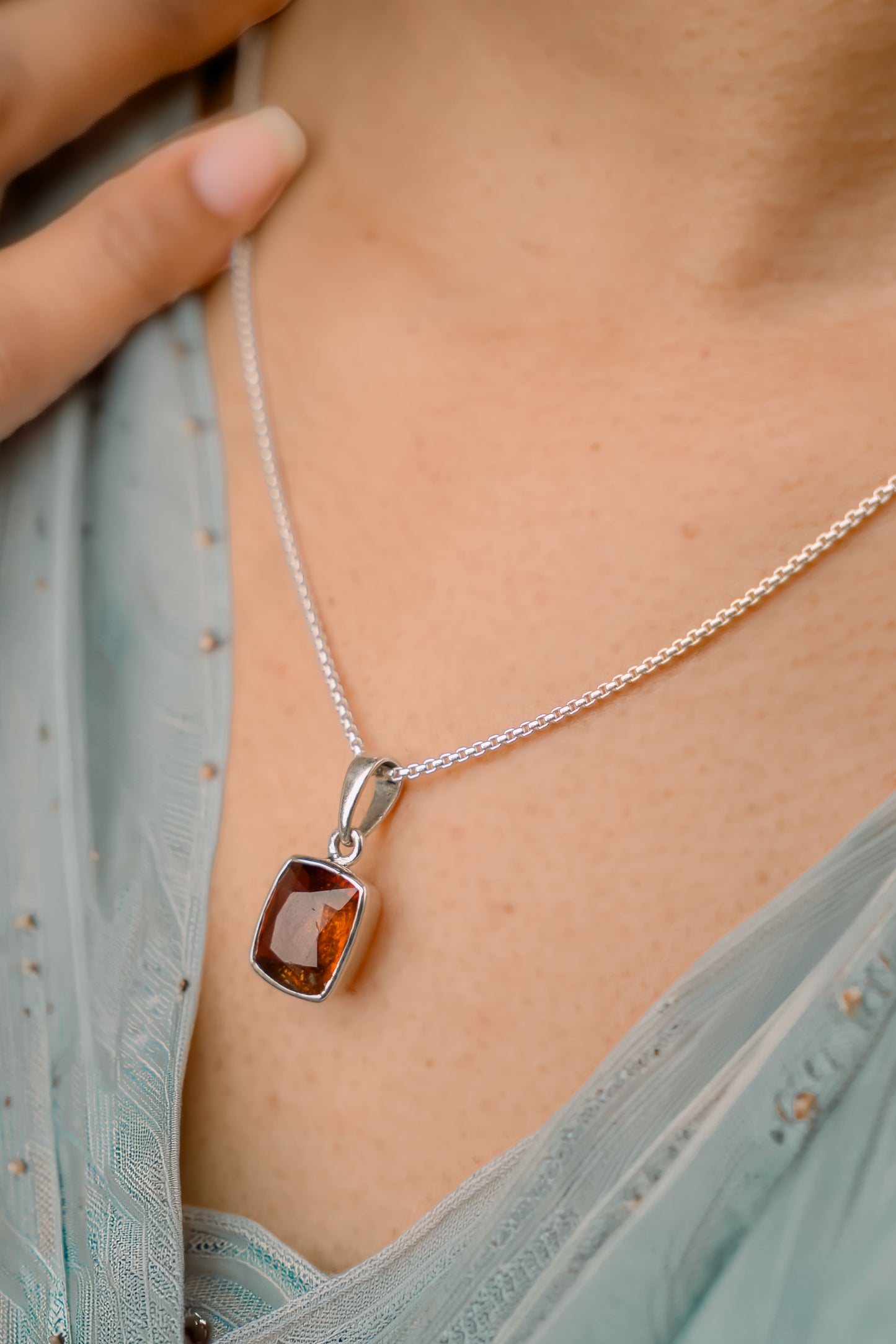 Natural Garnet Pendant and Silver Necklace