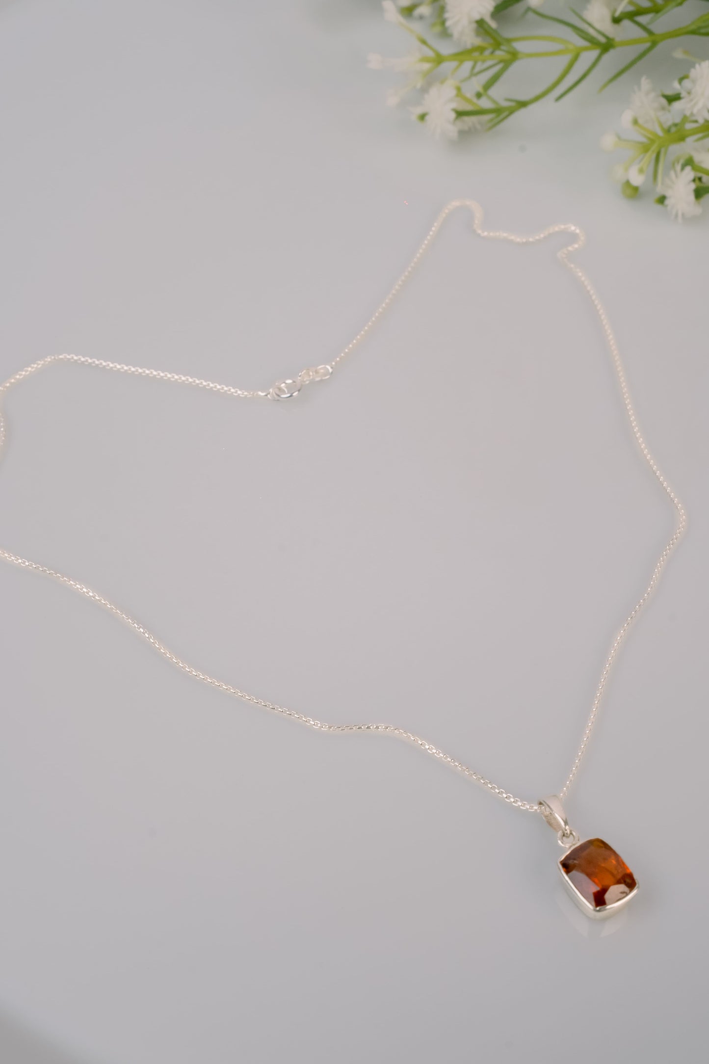 Natural Garnet Pendant and Silver Necklace